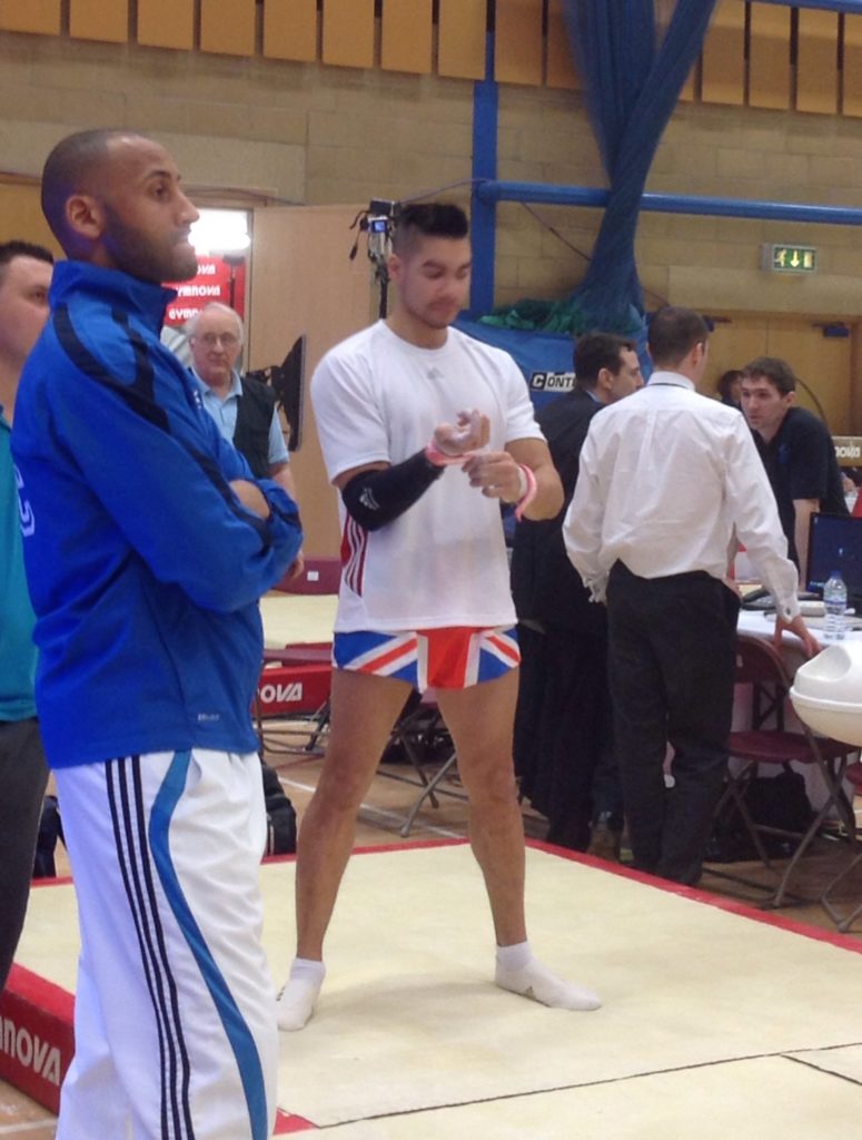 Louis Smith in his Union Jack shorts at English Championships.