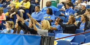 UCLA gymnastics team does Taylor Rice's making it rain choreography as they watch from the stands during floor finals at the 2015 NCAA championships Danusia Francis