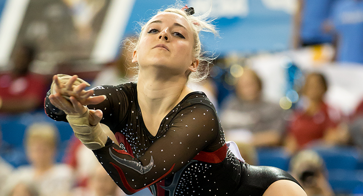 Taylor Rice (Stanford) makin' it rain during event finals at the 2015 NCAA Championships.