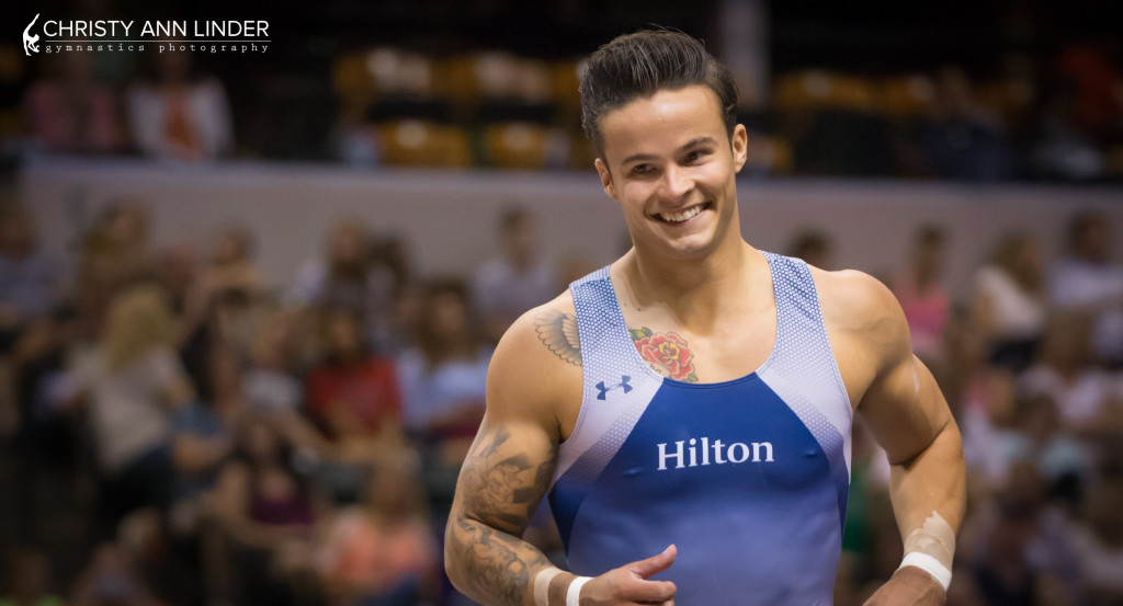 Paul Ruggeri blue hilton smiles at the 2015 P&G championships gymnastics national championships