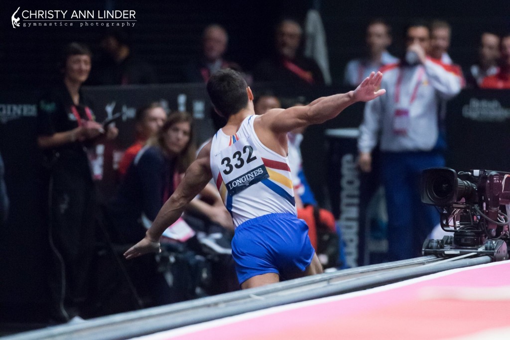 Marian Drăgulescu flies down back down the vault runway after winning silver on vault at the 2015 world championships