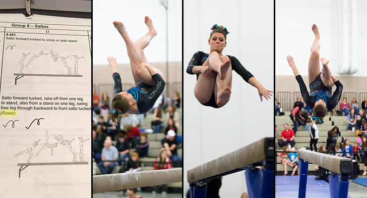 code of points value for rowe on beam kick over front, front toss 