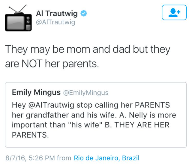 al trautwig NBC Olympic sportscaster tweets Simone Biles mother and father not her parents