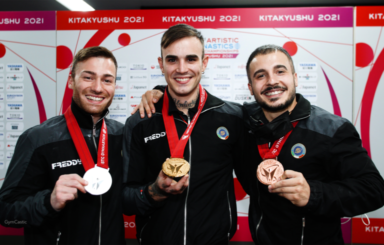 Italian Men winning gold, silver and bronze at the 2021 Gymnastics World Championships.