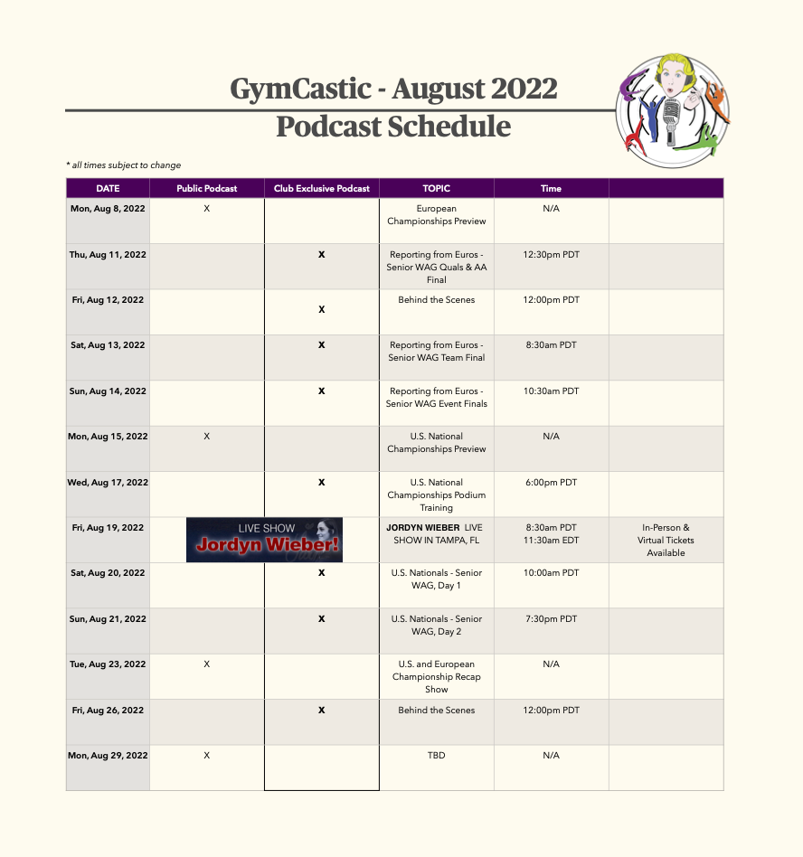 GymCastic August 2022 Schedule